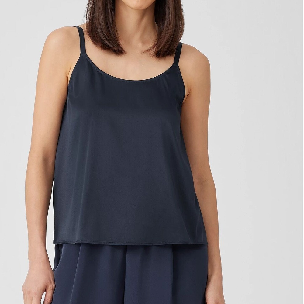 Eileen Fisher L Camisole Black Charmeuse Silk Stretch Scoop Neck Top Minimalist